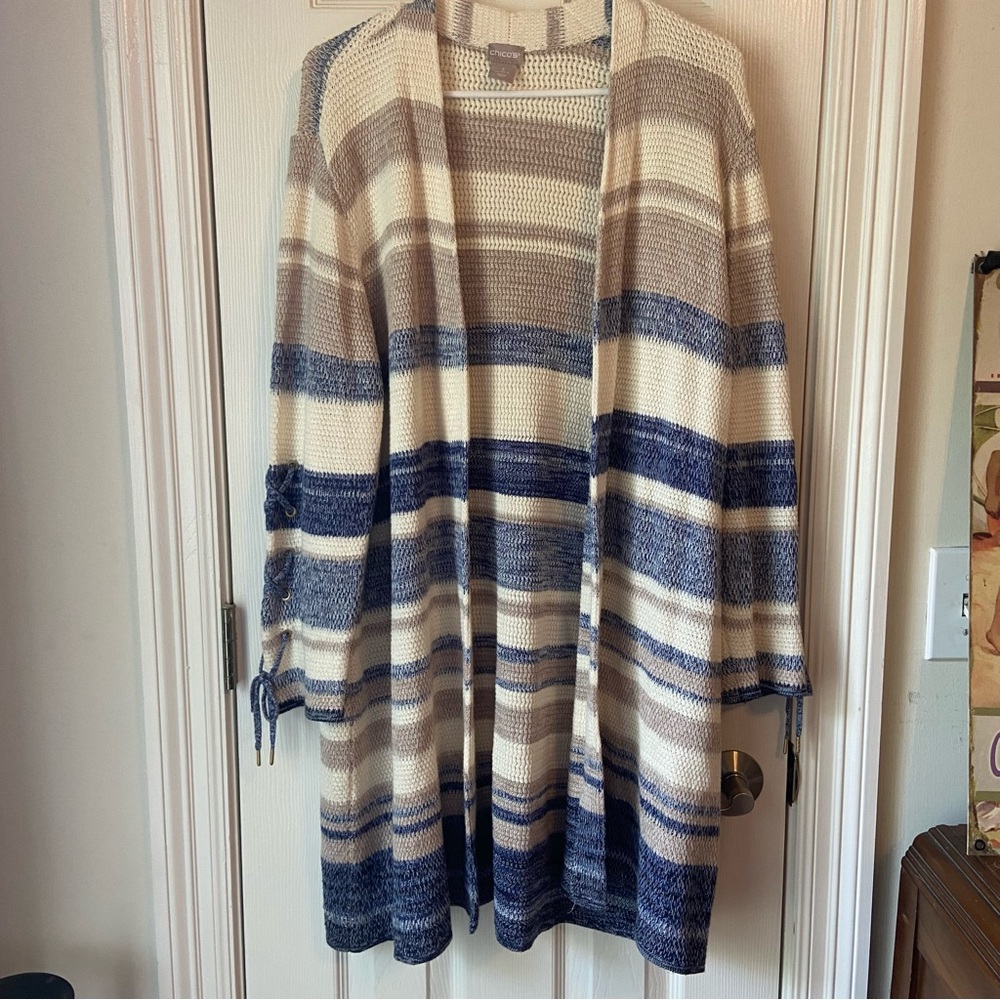 Chicos Size 3 soft cardigan sweater blue tan cream stripe